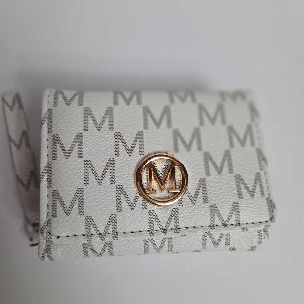 White Monogram M Print Tri-Fold Wristlet Wallet Gold Tone Hardware Pink Interior